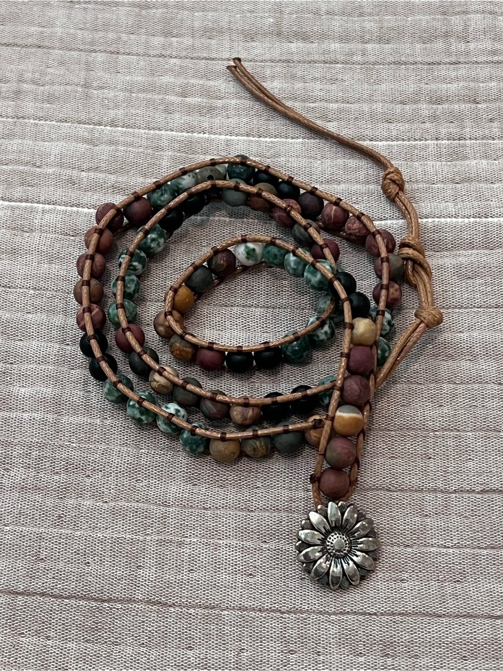 Handmade Multi-Color Beaded Wrap Bracelet with Silver Flower Charm